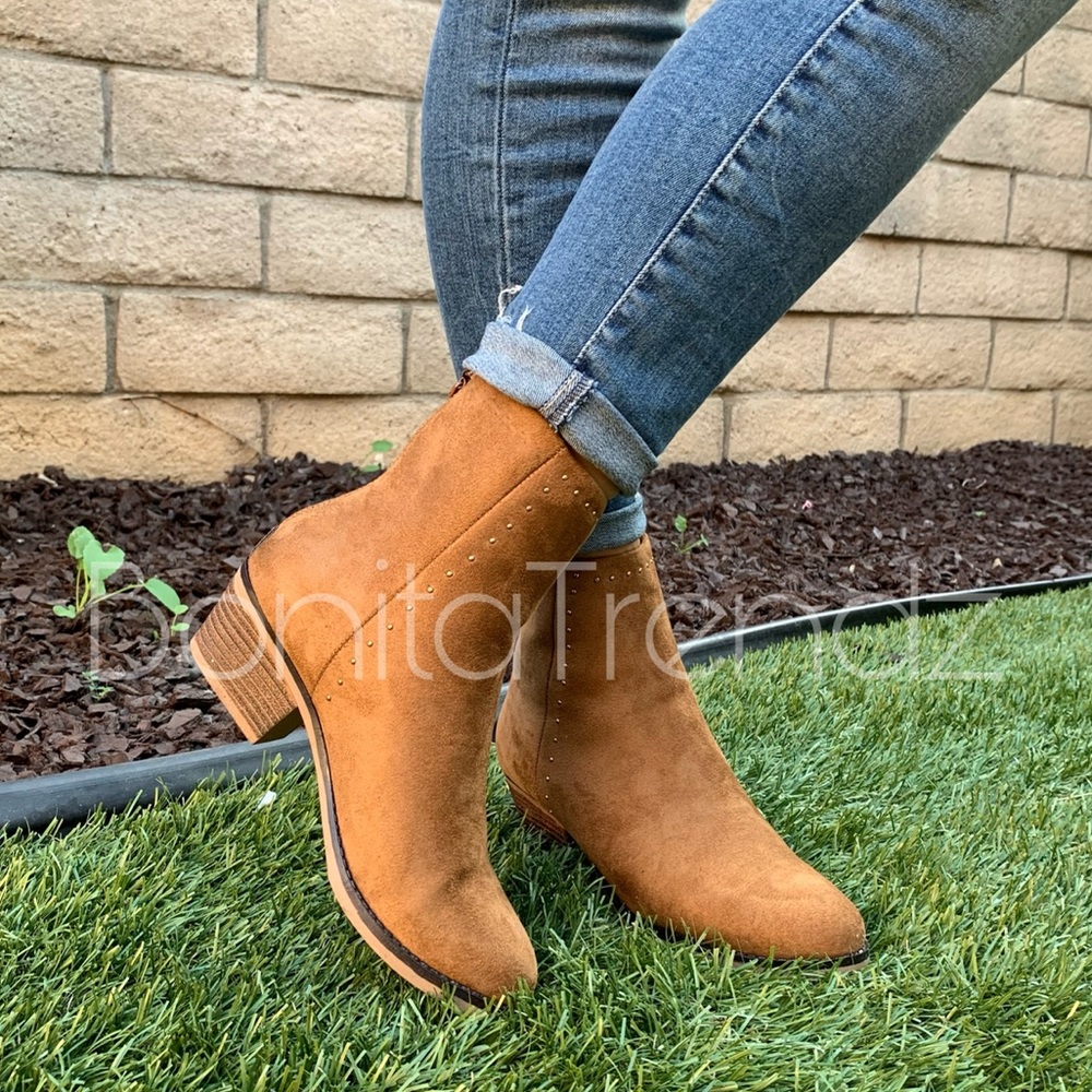 Tan Studded Vegan Suede Ankle Boots